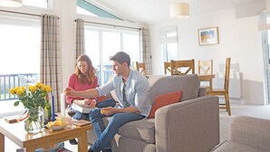 A modern living room with a sofa, dining table, and chairs. There is a window with curtains, a vase with flowers, and a framed picture on the wall.