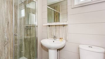 Une salle de bain avec une douche à parois de verre, un lavabo sur colonne et des toilettes.