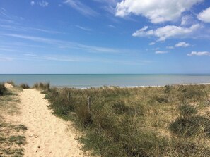 Un sentiero sabbioso che conduce all'oceano, circondato da dune erbose.
