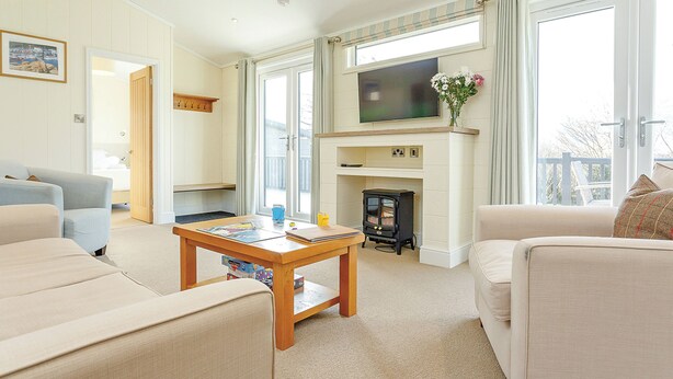 A living room with a fireplace, a television, and a sofa. - 1 bedroom accommodation in Axminster (Axminster)