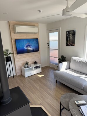 Älytelevisio, takka, kirjoja