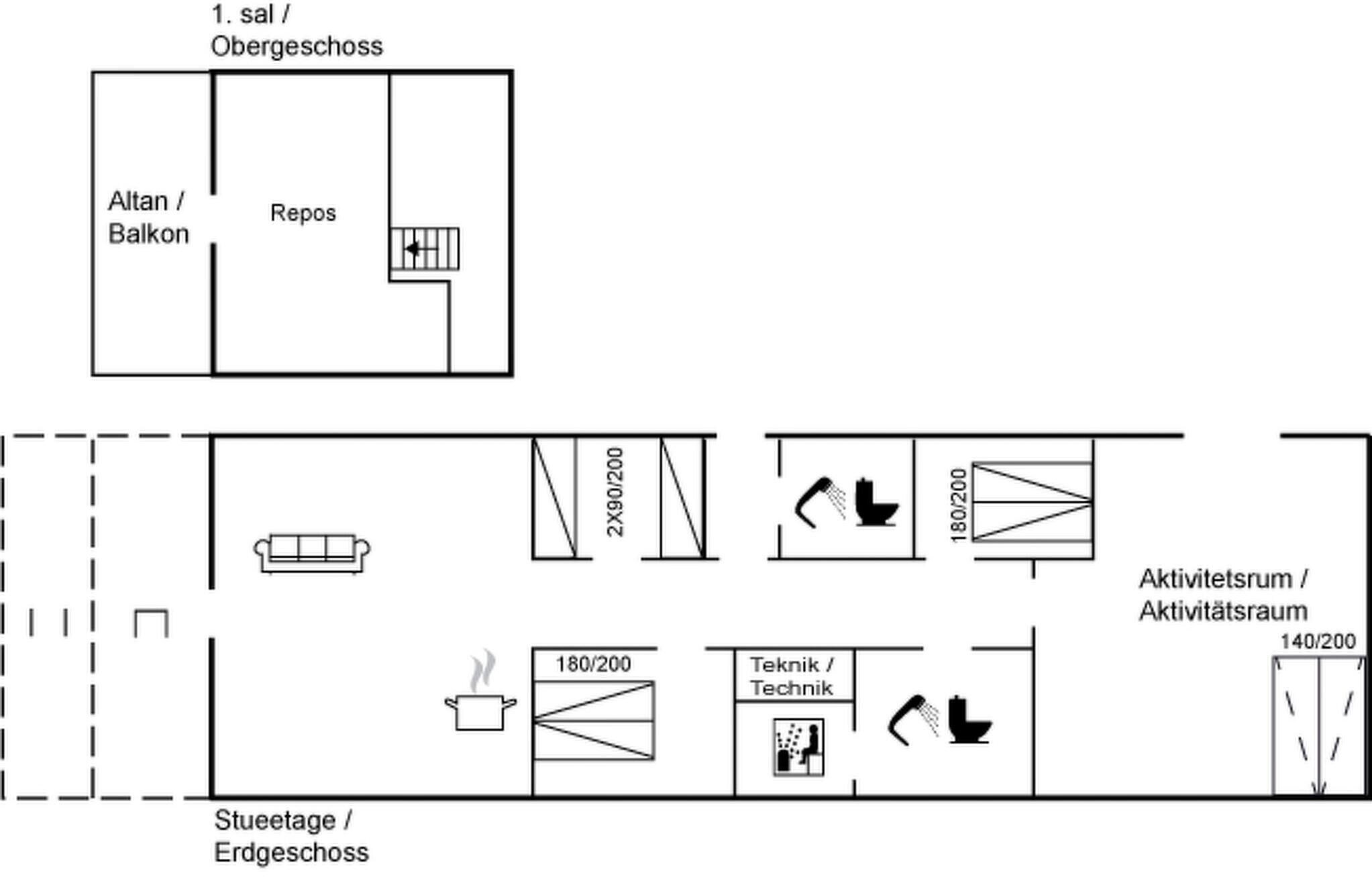 A hotel layout with a balcony, a kitchen, and a technical room.