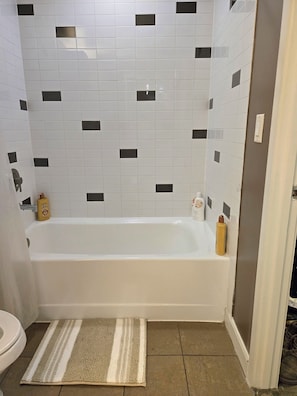 Hair dryer, towels, soap, toilet paper
