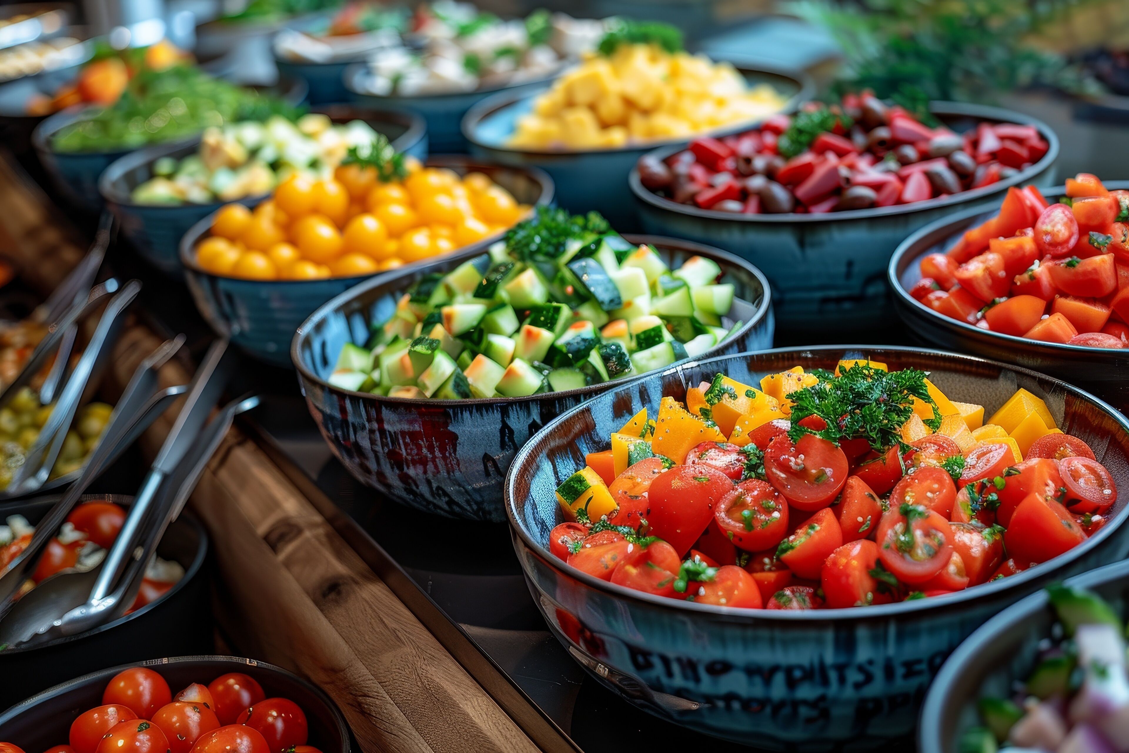 A variety of food bowls with different salads and fruits.