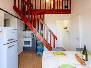 Fridge, microwave, cookware/dishes/utensils