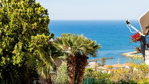 A coastal view with a clear sky, a palm tree, and a building with a balcony. - casa Peggy by Interhome (Santo Stefano al Mare)