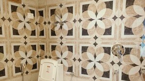 Une salle de bain comprenant des toilettes, une douche et un mur orné de carreaux disposés selon un motif géométrique.