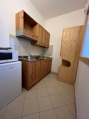 Appartement Standard, balcon, vue sur la montagne | Cuisine privée | Réfrigérateur, four à micro-ondes, surface de cuisson