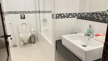 Hair dryer, towels, soap, toilet paper
