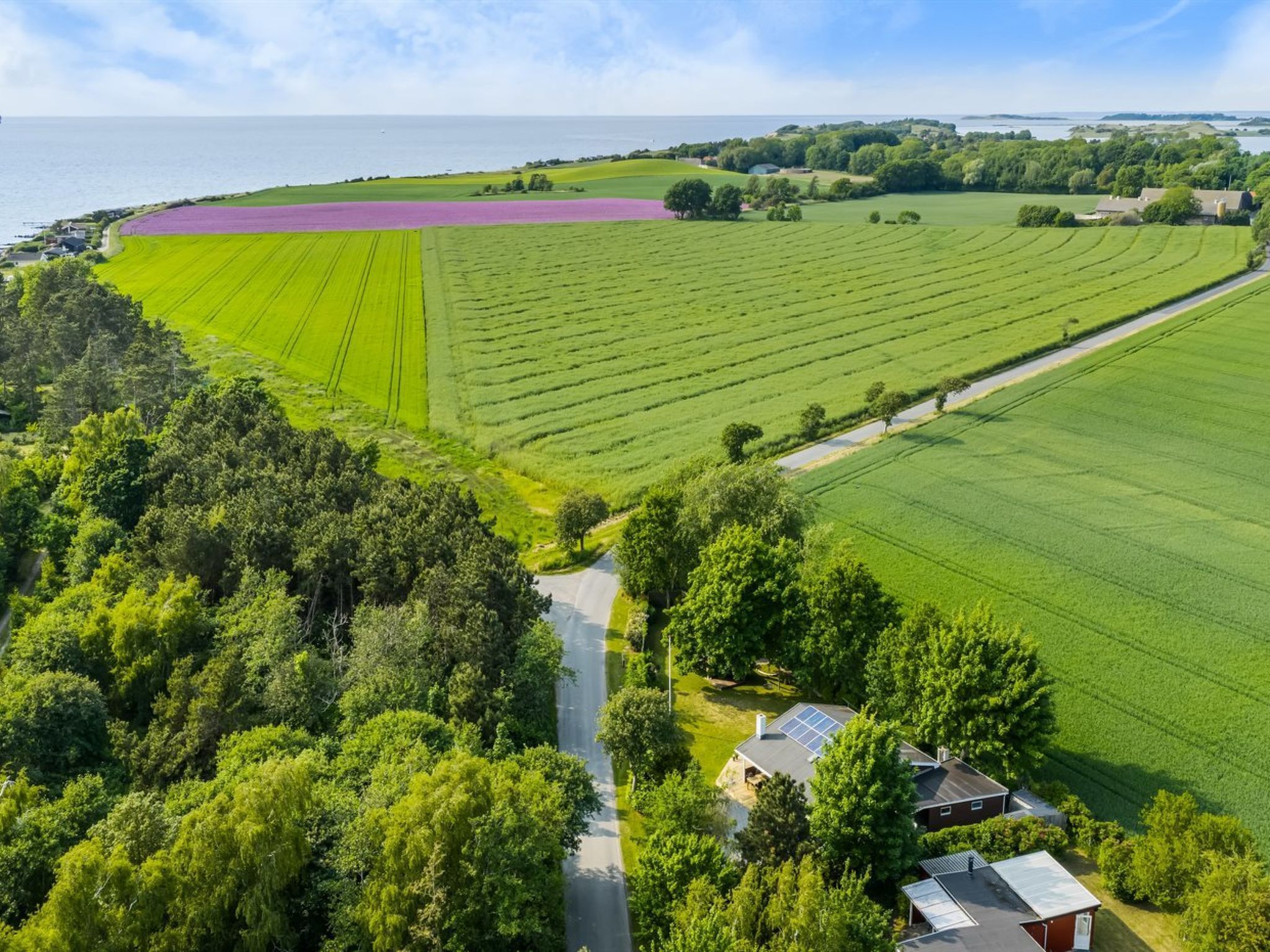Vista aérea de uma propriedade rural com vastos campos verdes, uma estrada e uma casa com painéis solares.