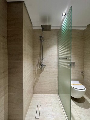 Combined shower/bathtub, hair dryer, bathrobes, slippers