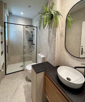 Shower, eco-friendly toiletries, hair dryer, towels