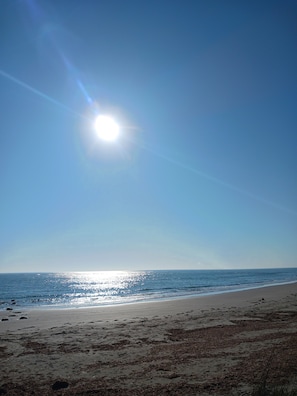 Ein Strand mit blauem Himmel und Sonnenschein.