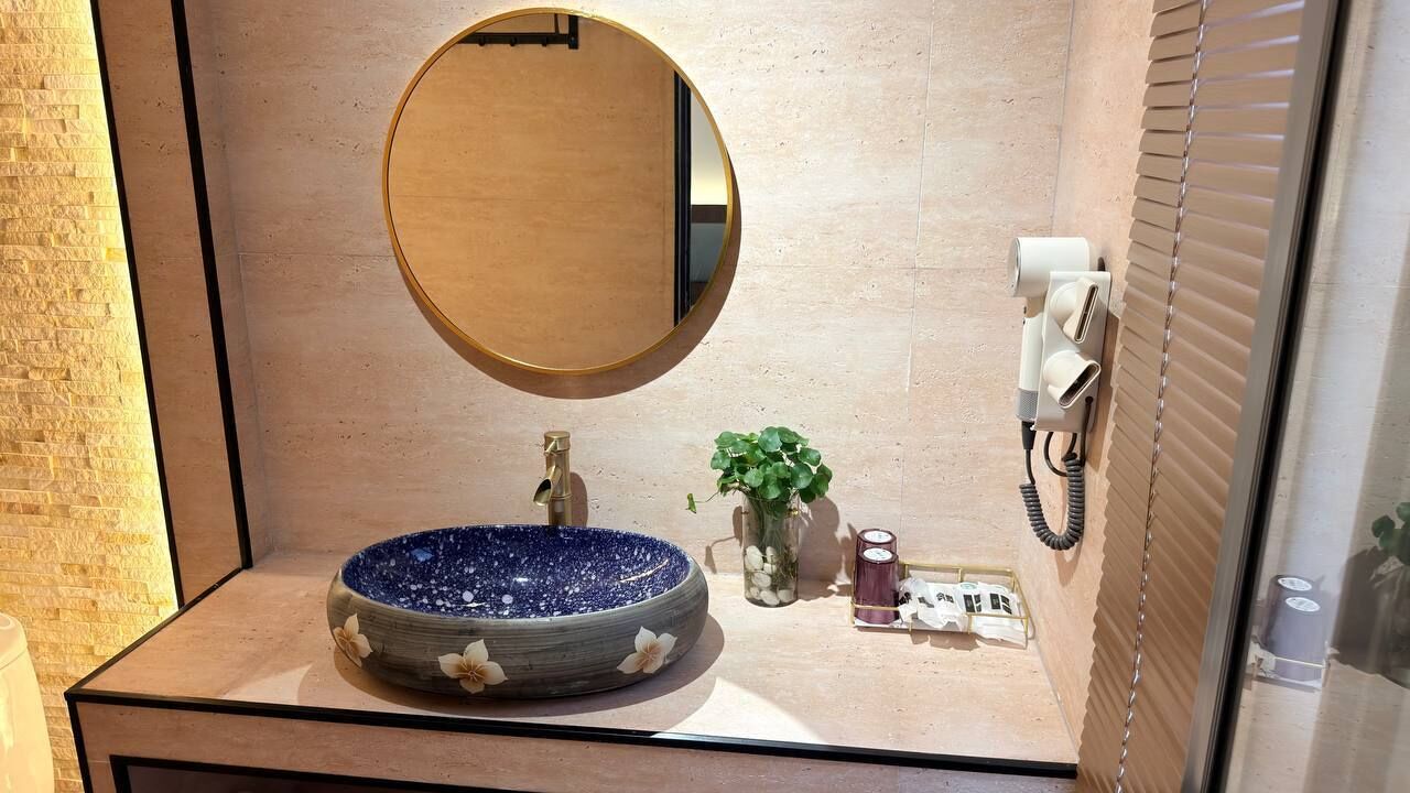 A bathroom with a round mirror, a blue speckled sink, a small potted plant, and a hairdryer on the wall.