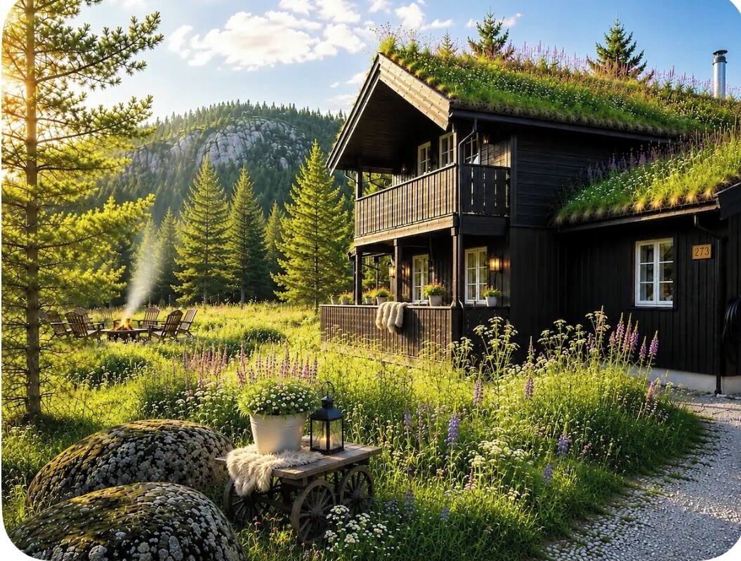 A wooden cabin with a balcony, surrounded by lush greenery and a mountain backdrop.