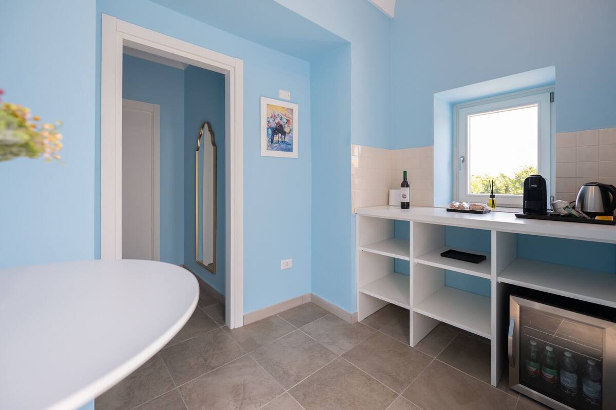 A modern kitchen with blue walls, a white countertop, and a built-in refrigerator.