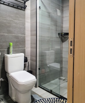 Een moderne badkamer met toilet, een douchecabine van glas en een houten deur.