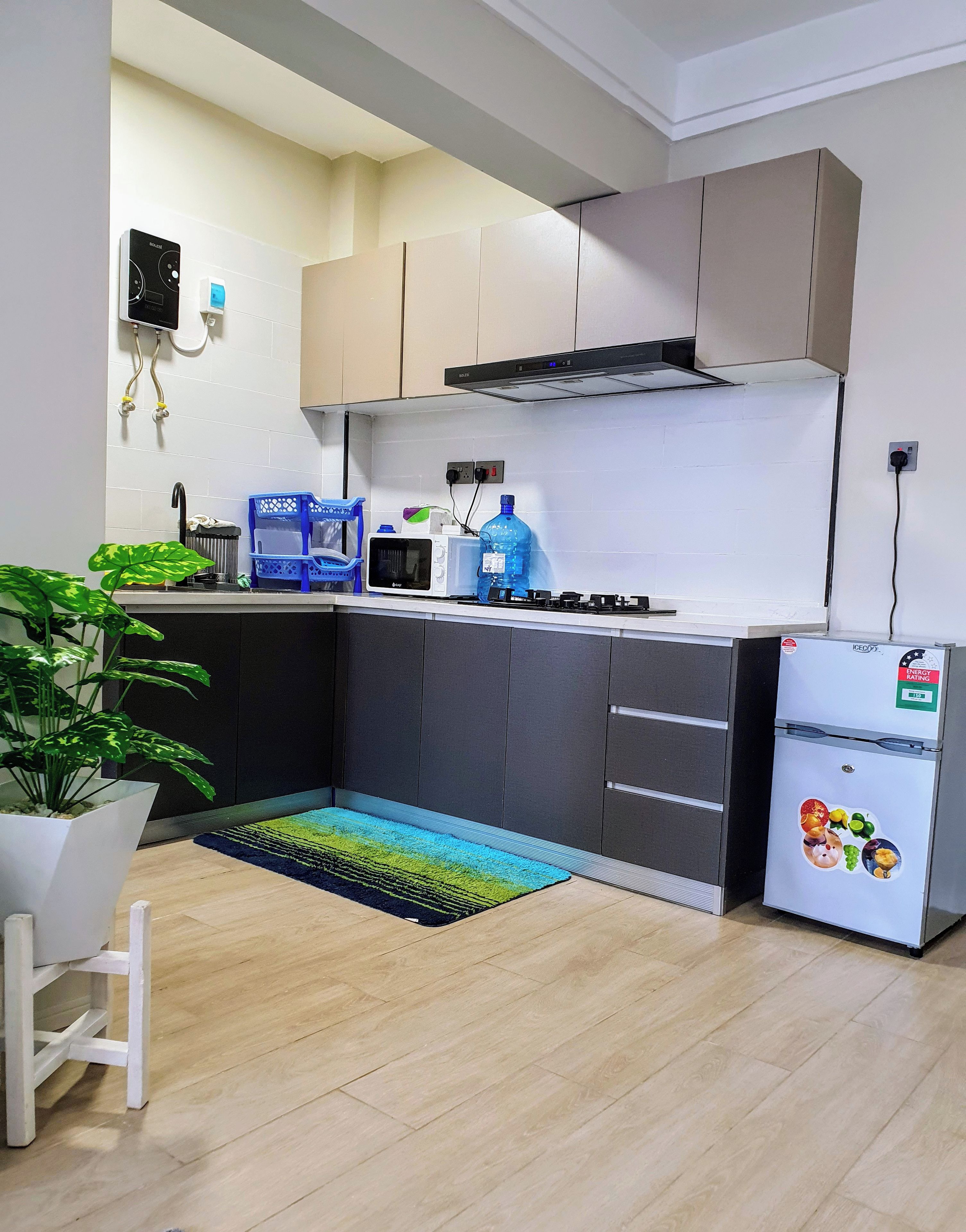 Eine moderne Küche mit Mikrowelle, Herd und Kühlschrank. Ein Blumentopf und ein blauer Teppich liegen auf dem Boden.