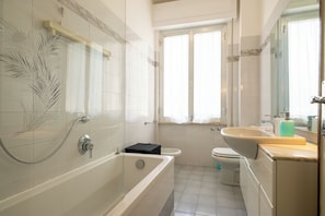 Hair dryer, bidet, towels, soap