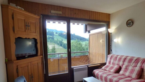 A room with wooden paneling, a television, a plaid sofa, and a large window offering a view of a green landscape.