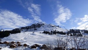 A snow-covered mountain with a clear sky. There are wooden cabins at the base of the mountain.