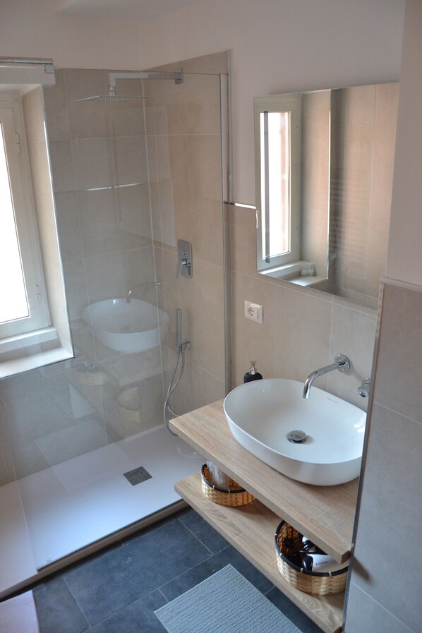 Shower, hair dryer, bidet, towels