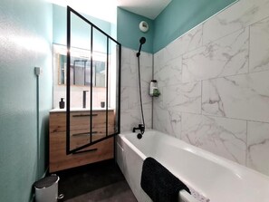 Hair dryer, towels, soap, toilet paper