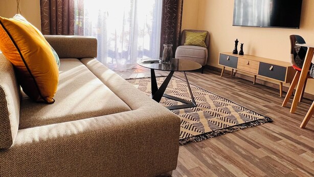 A modern living room with a sofa, a coffee table, a TV, and a patterned rug. - Apartment with 2 large bedrooms (Montpellier)