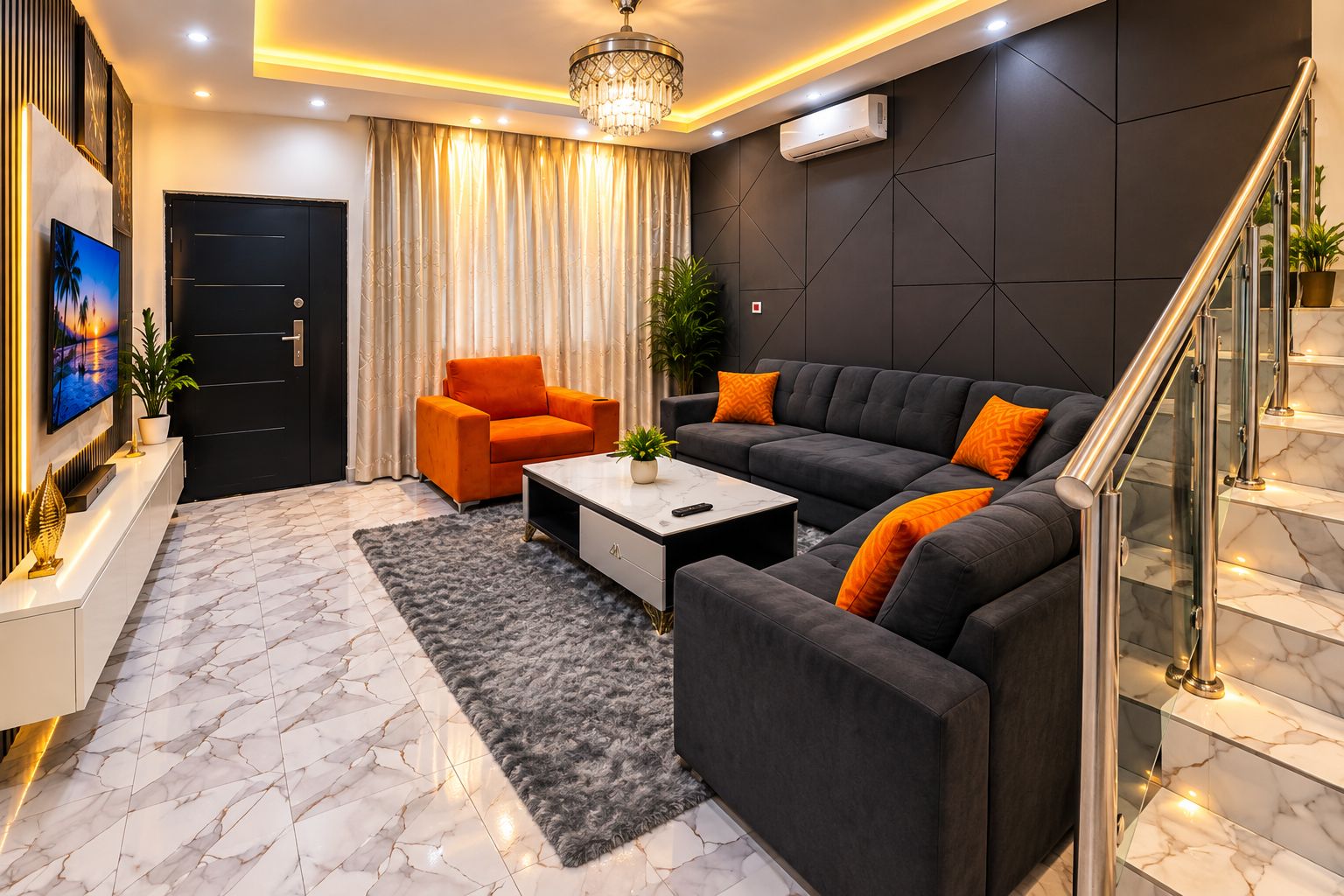 A modern living room with a sofa, a coffee table, and a TV.