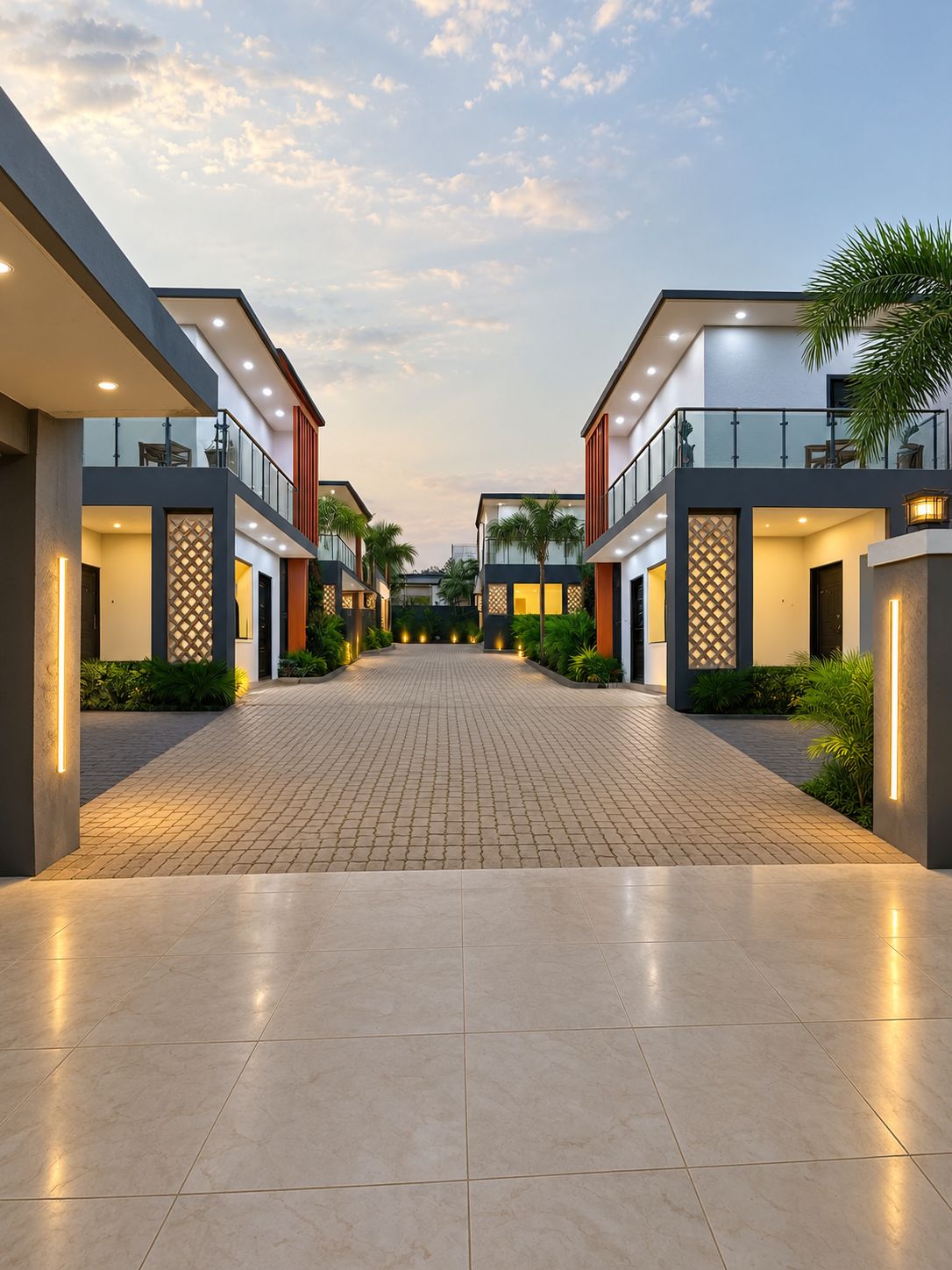 A modern building with a central courtyard, featuring a symmetrical design with two-story structures, balconies, and a paved walkway.