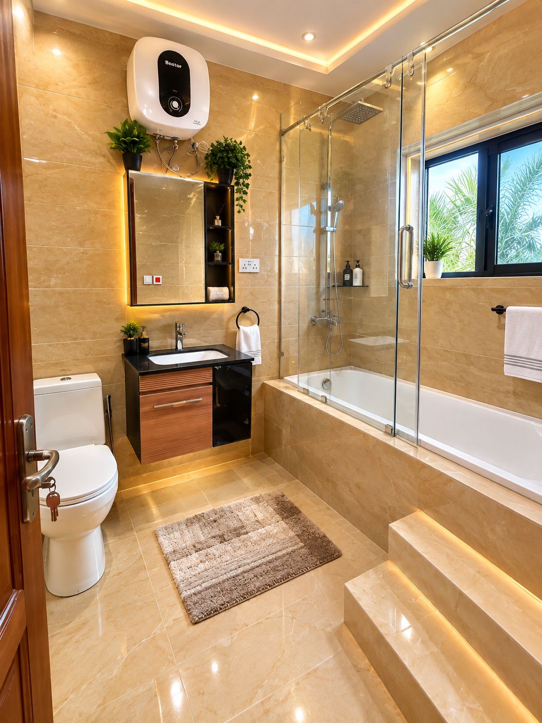 A modern bathroom with a toilet, sink, and bathtub.