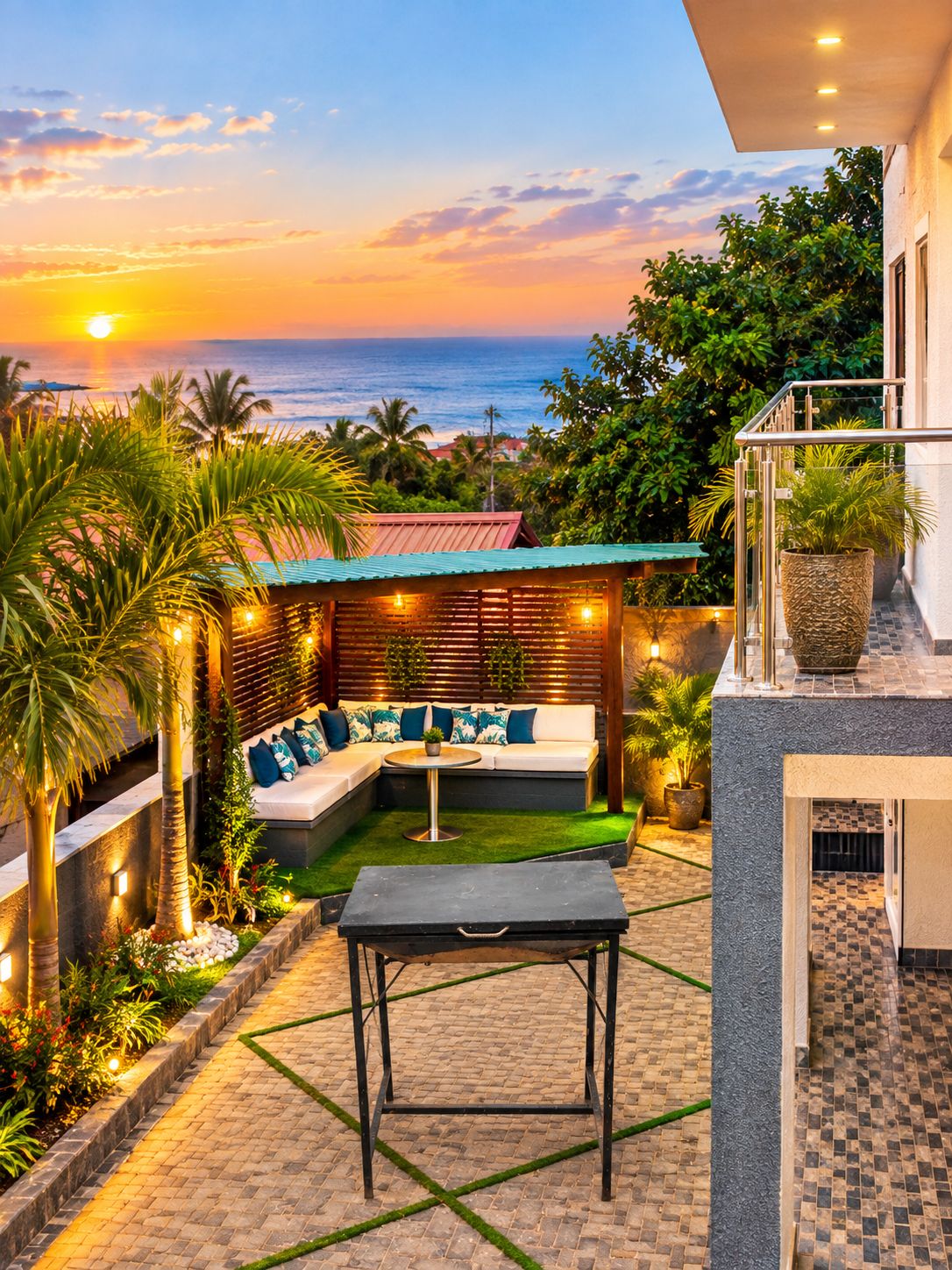 A patio with a sofa, table, and potted plants, overlooking a beach at sunset.