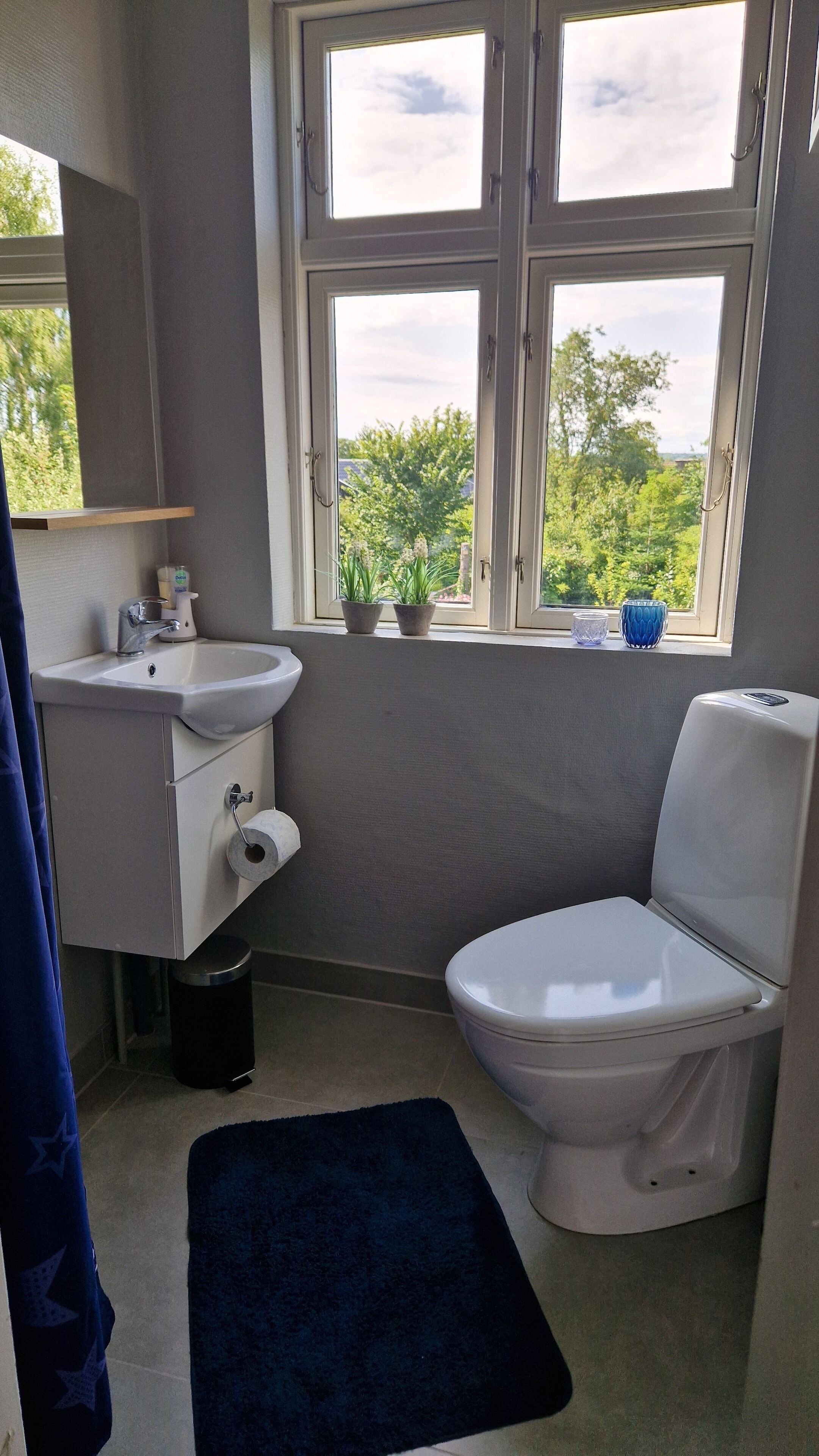 Une salle de bain équipée de toilettes, d’un lavabo et d’une fenêtre donnant sur un espace verdoyant.