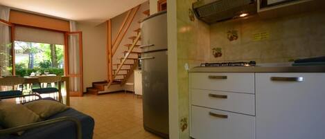 Fridge, microwave, coffee/tea maker, cookware/dishes/utensils