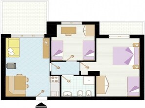 A floor plan of a hotel room with a kitchen area, a bathroom, and a seating area. - Relax in a residence with pool - Beahost (Bibione)