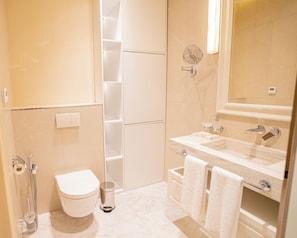 Shower, hair dryer, bidet, soap