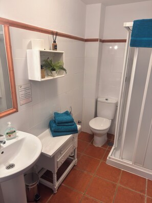 Shower, hair dryer, towels, soap
