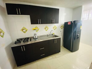Fridge, stovetop, dishwasher, coffee/tea maker
