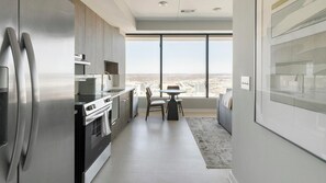 Fridge, dining tables