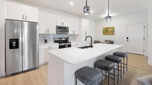 Fridge, dining tables