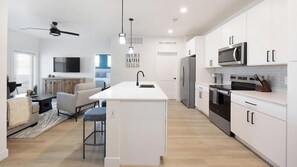 Fridge, dining tables