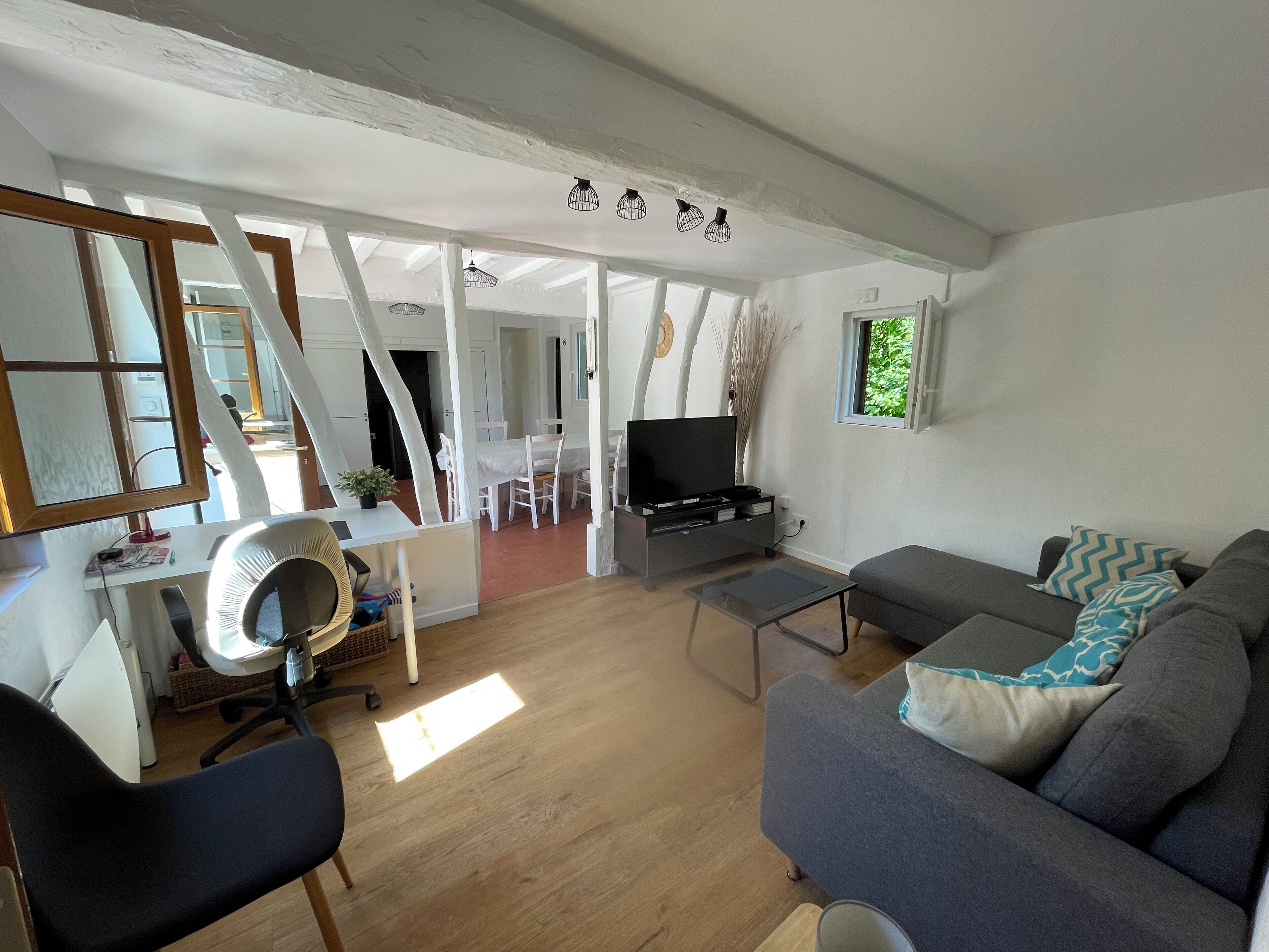 Smart TV, fireplace, DVD player, books