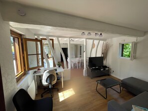 Smart-TV, Kamin, DVD-Player, Bücher