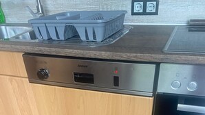 A kitchen with a dishwasher, built-in oven, and a countertop with a gray dish rack. - Beautiful, large penthouse for a maximum of 4 people. Kitchen including all utensils (Wadgassen)