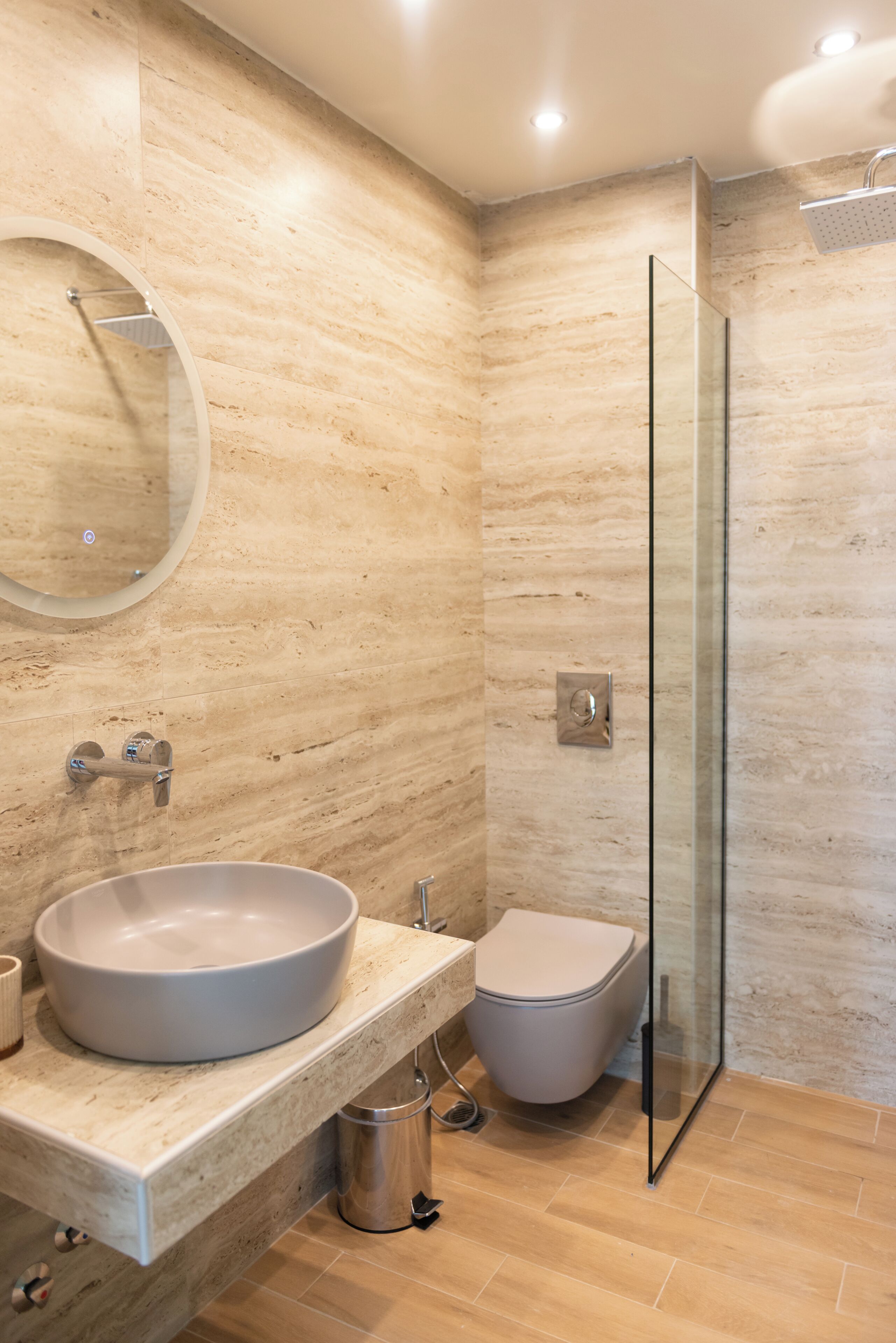 Shower, hair dryer, slippers, towels