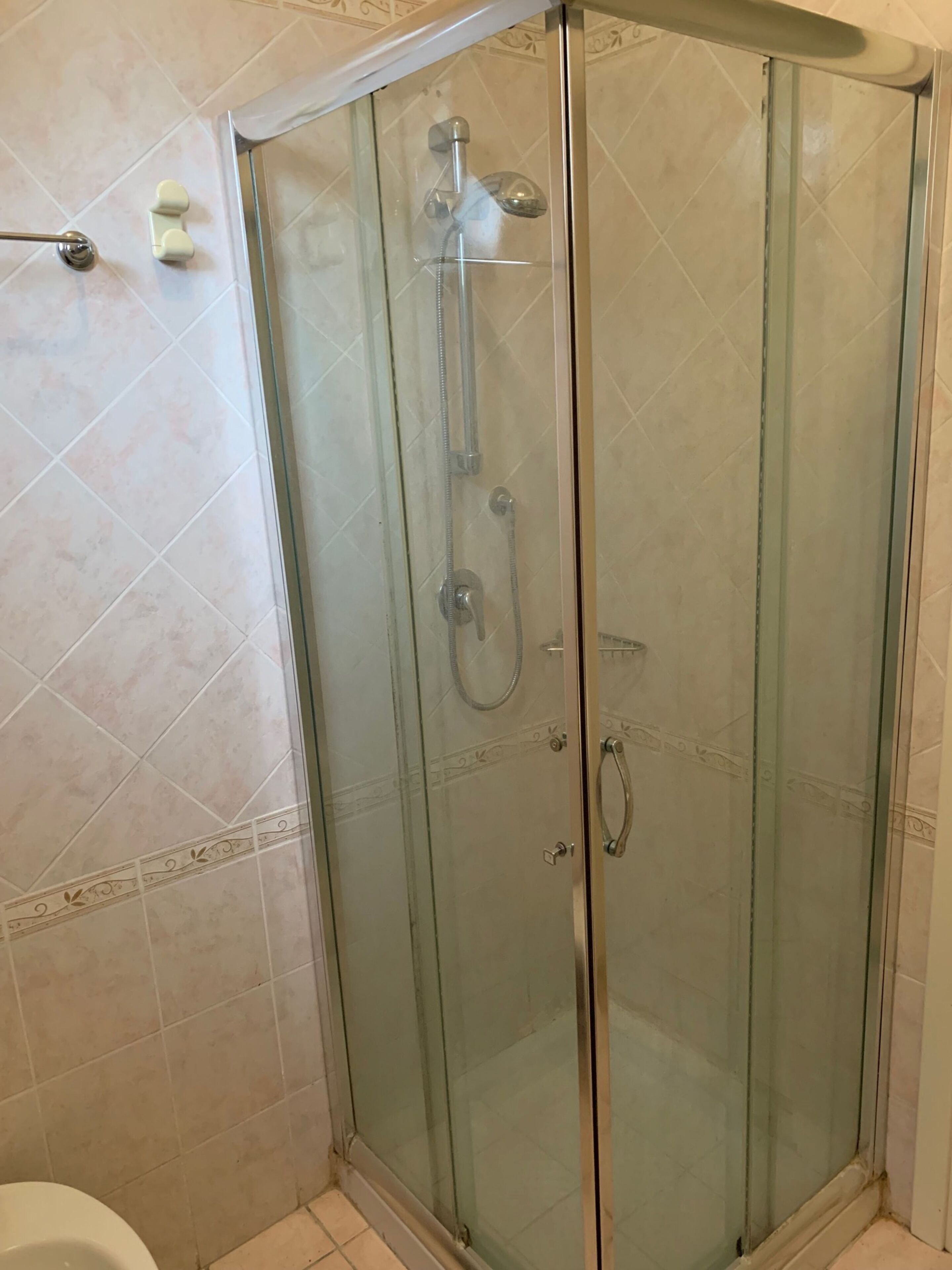 A glass-enclosed shower stall with a handheld showerhead and a wall-mounted faucet.