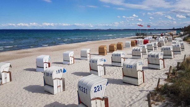 A beach with rows of numbered wicker chairs and a flagpole with flags. - Villa Scharbeutz Pönitz, spacious, quiet, central (Scharbeutz)