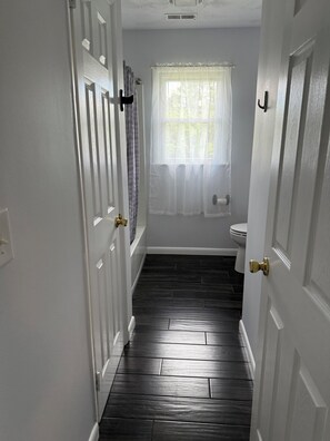 Hair dryer, towels, soap, toilet paper