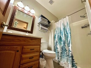 A bathroom with a wooden vanity, a toilet, a shower curtain with a forest pattern, and a mirror with lights above it. - Year Round Monthly Rental Studio WIFi Desk Wild Mustangs nearby Nat'l For (Overgaard)