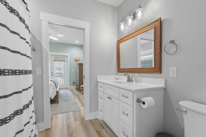 Hair dryer, towels, soap, shampoo
